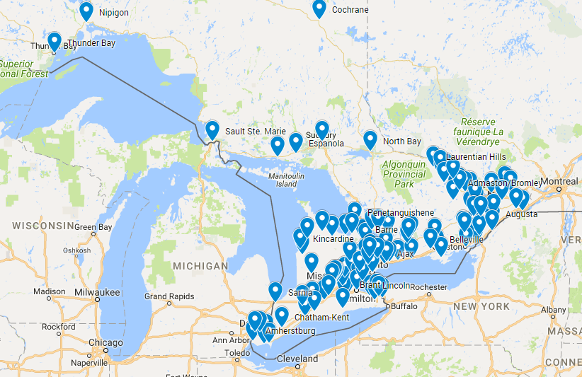 Map of new cycling investments in Ontario